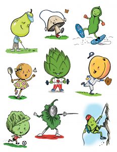 Character illustrations for ‘The Green Box League of Nutritious Justice’ Green Box foods, Norcross, GA. Ink and digital media